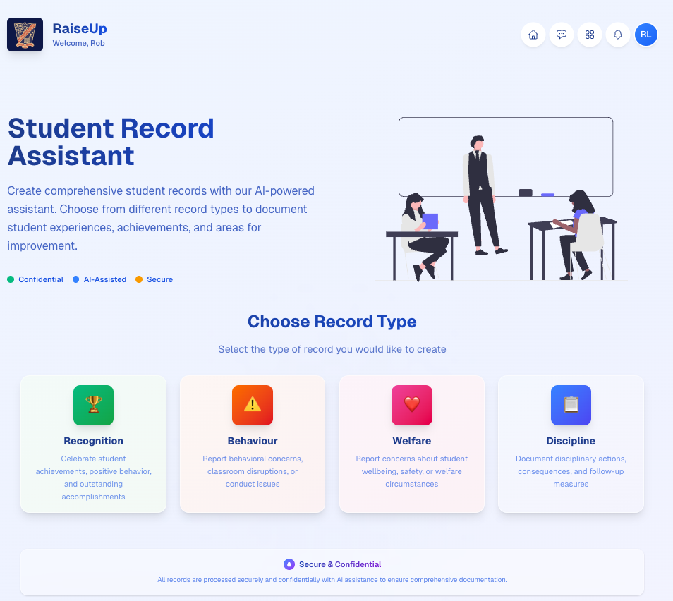 Landing page of RaiseUp application